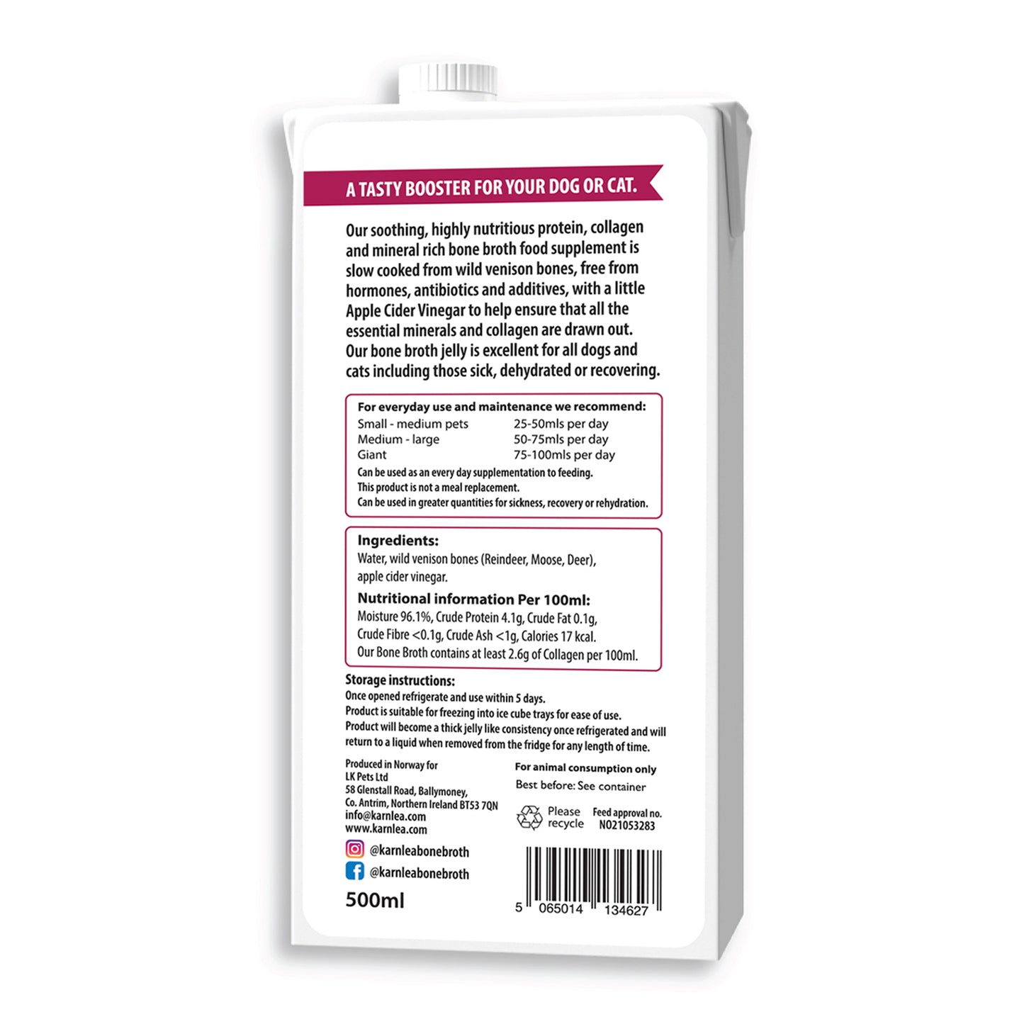 Karnlea Wild Venison Bone Broth For Dogs And Cats 500ml